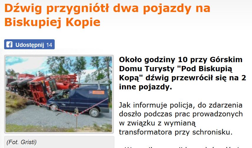 Na Kopie dźwig przygniótł dwa pojazdy